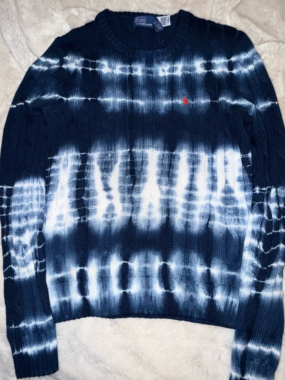 NWT Polo Ralph Lauren Navy White Tie-Dye Cable Knit Sweater